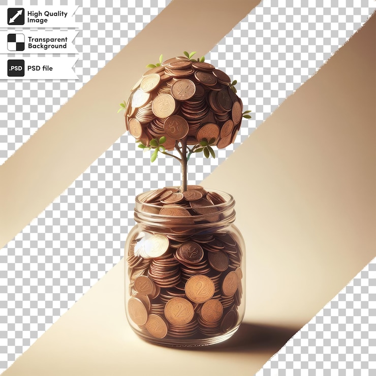 PSD psd a plant growing from a pile of coins on a table on transparent background