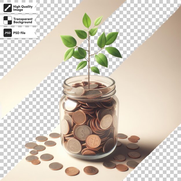 Psd a plant growing from a pile of coins on a table on transparent background