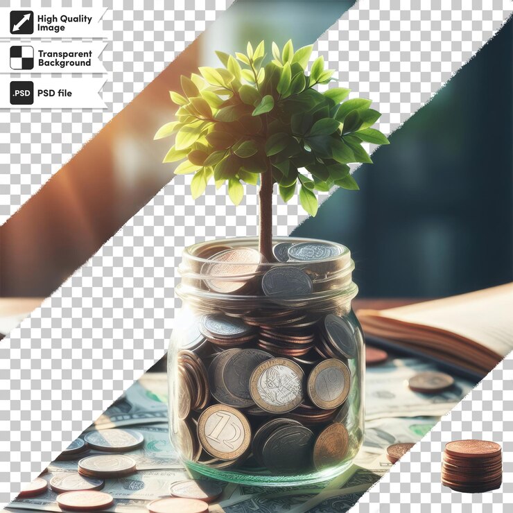 PSD psd a plant growing from a pile of coins on a table on transparent background