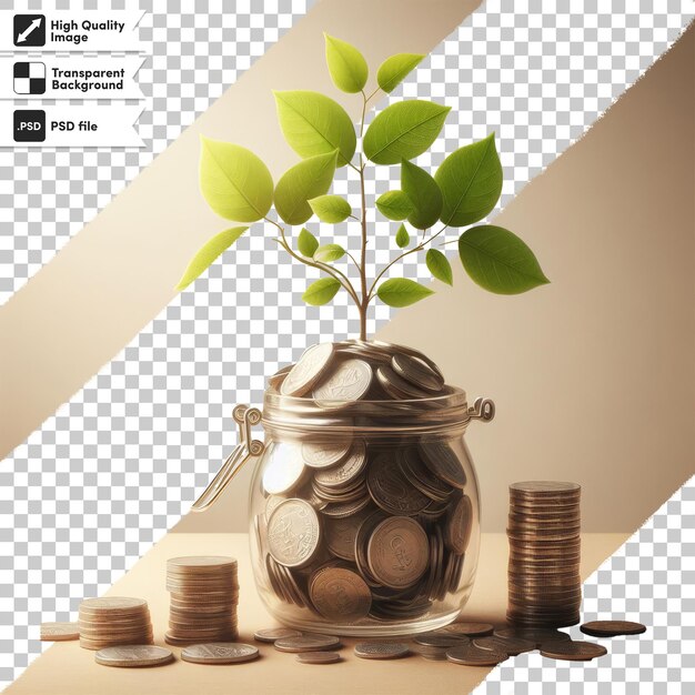 PSD psd a plant growing from a pile of coins on a table on transparent background