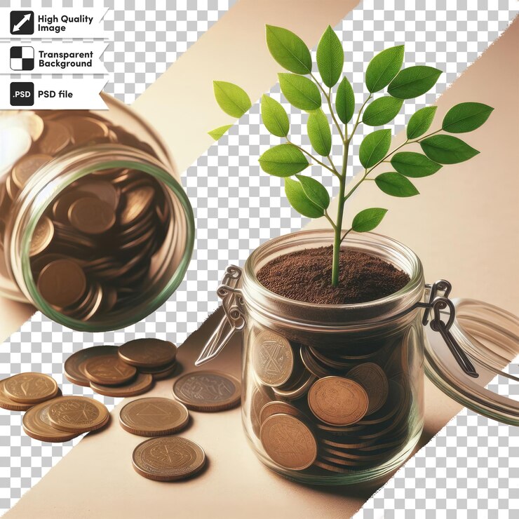 PSD psd a plant growing from a pile of coins on a table on transparent background