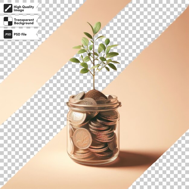 Psd a plant growing from a pile of coins on a table on transparent background