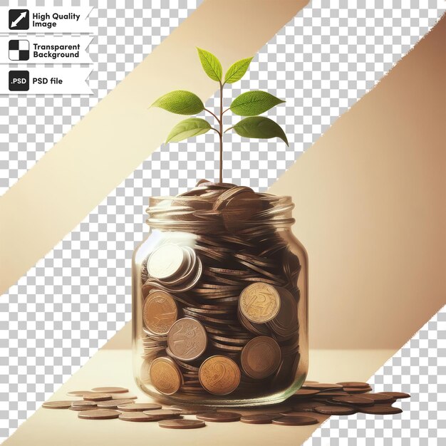 Psd a plant growing from a pile of coins on a table on transparent background