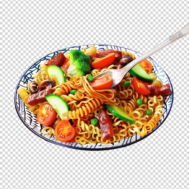 Psd plate of noodles pasta with vegetables and cheese isolated on a transparent background