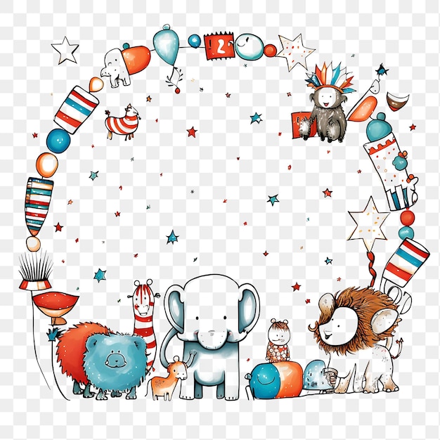 PSD psd playful circus themed scribbles okrągła ramka ze słoniem 2d ramy design outline t-shirt