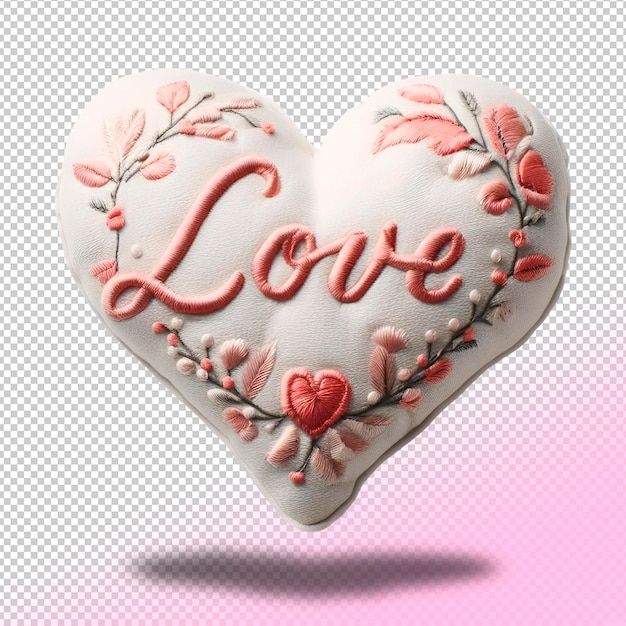 PSD plush heart with embroidered love on transparent background