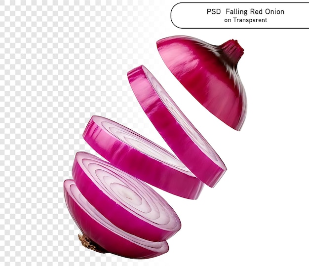 PSD와 PNG: 투명한 배경에 분리 된 은 양파 조각이 떨어지는 전체 필드 깊이