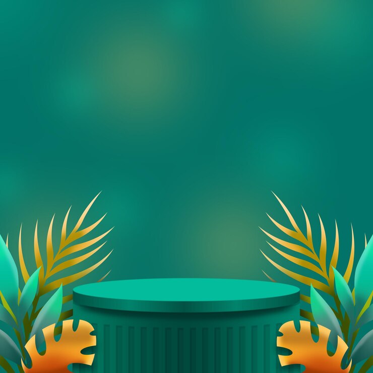 PSD podium mockup for product presentation decorated with tropical plant leaves