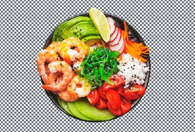 PSD psd poke bowl with shrimp avocado radish carot tomato chuka and white rice on transparent background