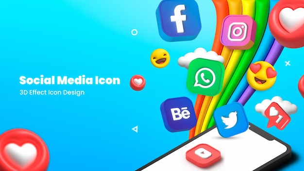 PSD populaire 3D-pictogrammen voor sociale media die uit de telefoon komen