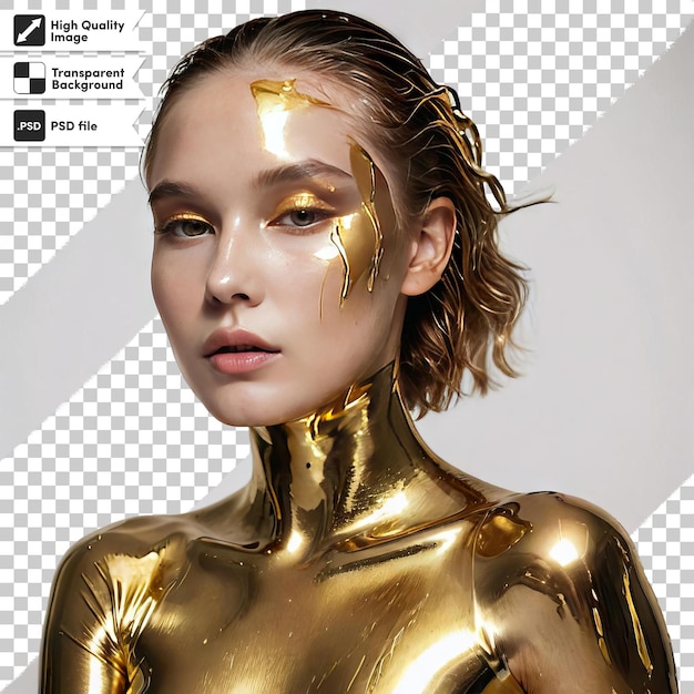 PSD 편집 가능한 마스크 계층으로 투명한 배경에 황금색 페인트 스프레이를 가진 여성의 psd 초상화