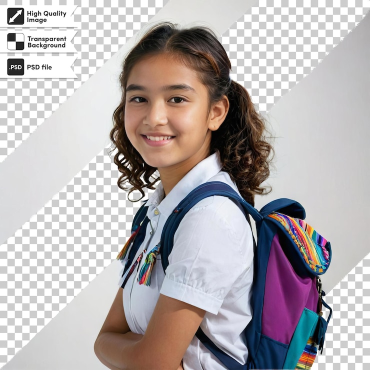 PSD psd portrait of a smiling child with school bag on transparent background with editable mask layer