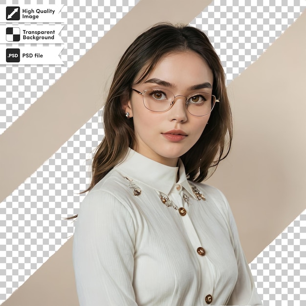 Psd portrait of a woman with glasses on transparent background with editable mask layer