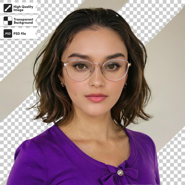 Psd portrait of a woman with glasses on transparent background with editable mask layer