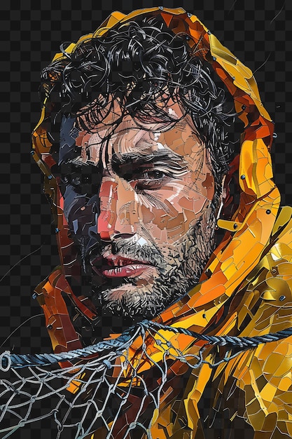 PSD psd portretu rybaka w souwester i oilskin z siatkową koszulką design collage art ink
