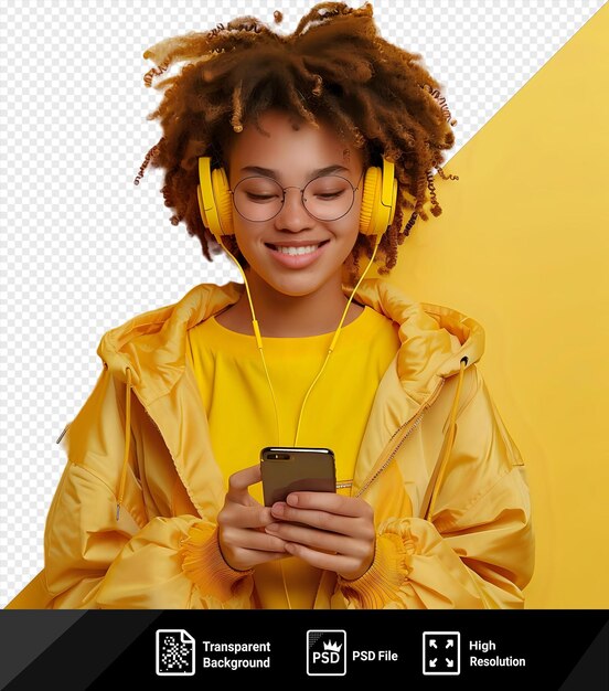 PSD psd positive young woman holding mobile phone and listening music with headphones on yellow background png psd