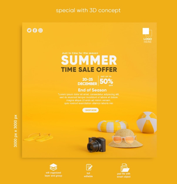 PSD psd post social media summer of offers in brazil 3d render template for marketing campaign in portug