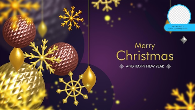 psd postcard banner happy new year merry christmas with golden snowflakes on a purple background