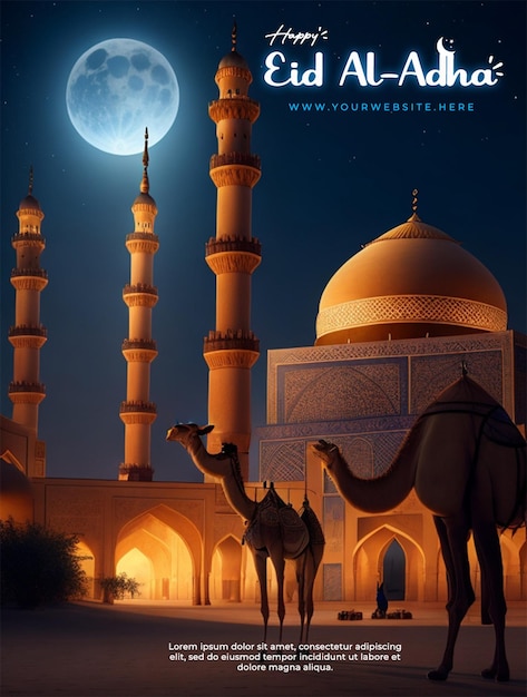 PSD a poster for eid al adha poster for a mosque with a moon in the background