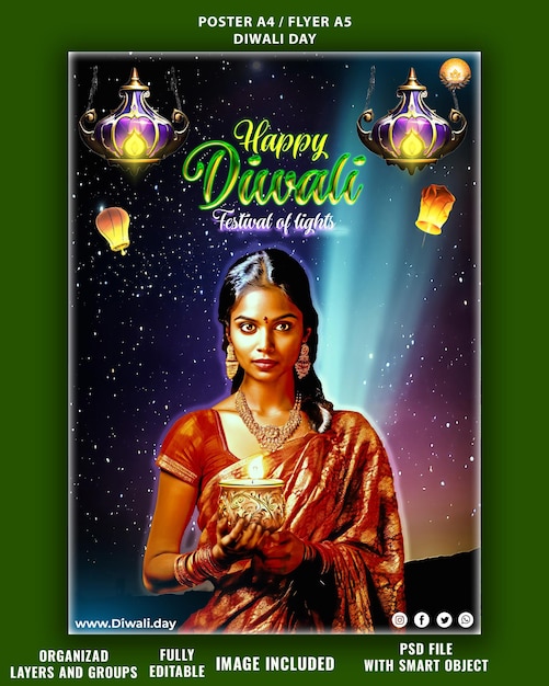 PSD poster for greeting Happy Diwali festival of lights with Indian woman holding diya oil lamp