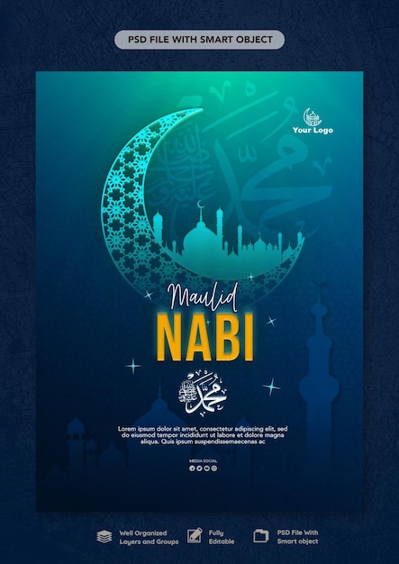 PSD poster happy mawlid al nabi met blauwe achtergrond