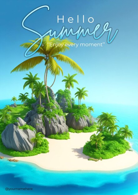 Psd a poster for hello summer with palm trees and a beach scene
