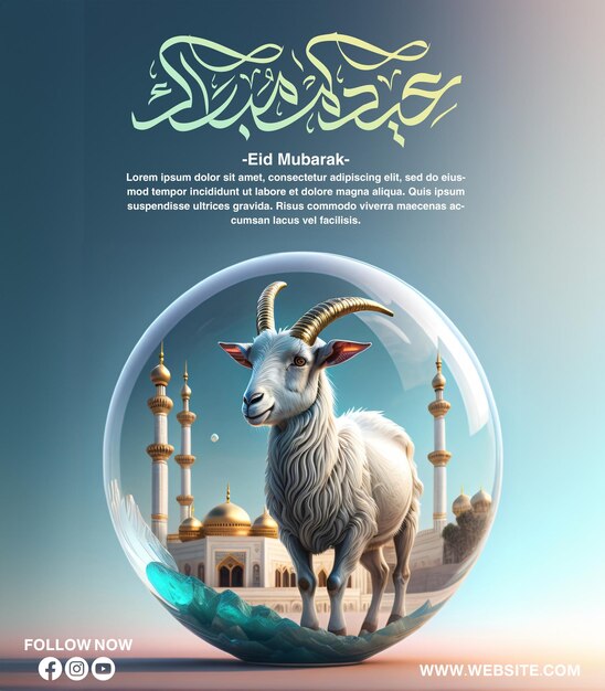 Psd Poster voor eid aldha al mubarak met een geit vooraan amd moskee islamitische modus voor eid aldha