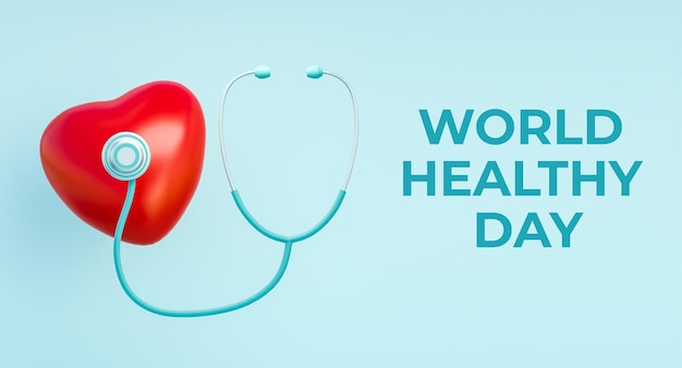 Psd a poster for world healthy day with a blue background with a red heart and a stethoscope