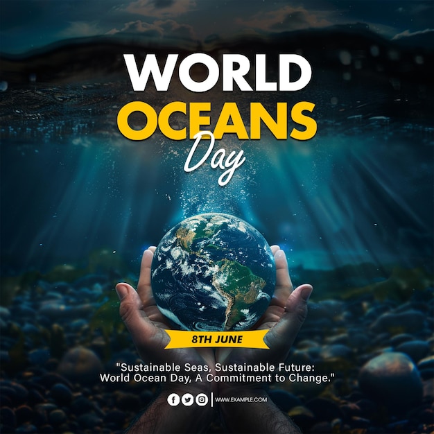 Psd a poster for the world ocean day poster template with sea and under ocean background