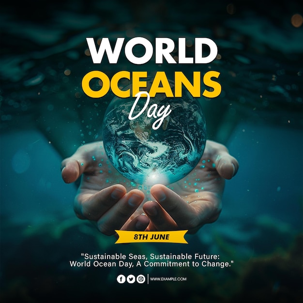 Psd un poster per il modello di poster della giornata mondiale degli oceani con sfondo marino e sottomarino