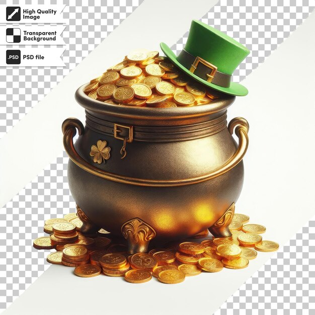 Psd pot with gold coins and leprekon st patrick on transparent background with editable mask layer