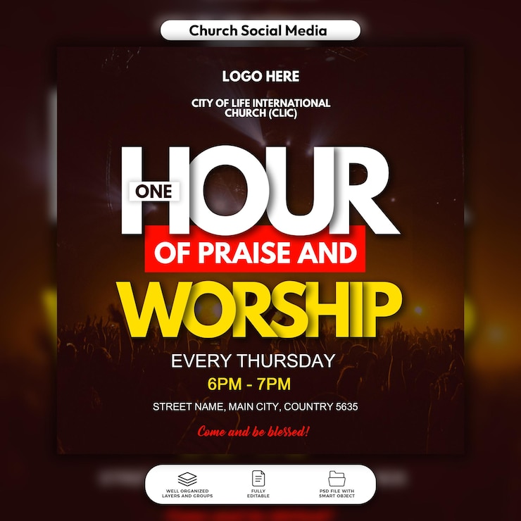 PSD psd praise and worship service flyer and social media post template