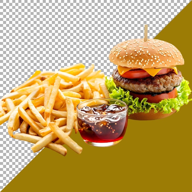 Psd premium file png di hamburger patatine fritte bevanda fredda contro sfondo bianco