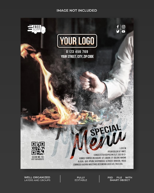 PSD modello di volantino del menu speciale del ristorante psd premium