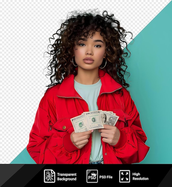 PSD psd pretty curlyhaired woman in red jacket holding money in hands and looking thoughtful png