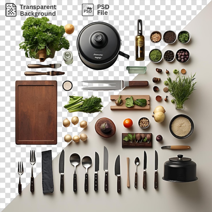 PSD psd professional chefs gourmet kitchen set featuring a variety of cooking tools and ingredients including a silver knife black pot and silver spoon arranged on a transparent background with