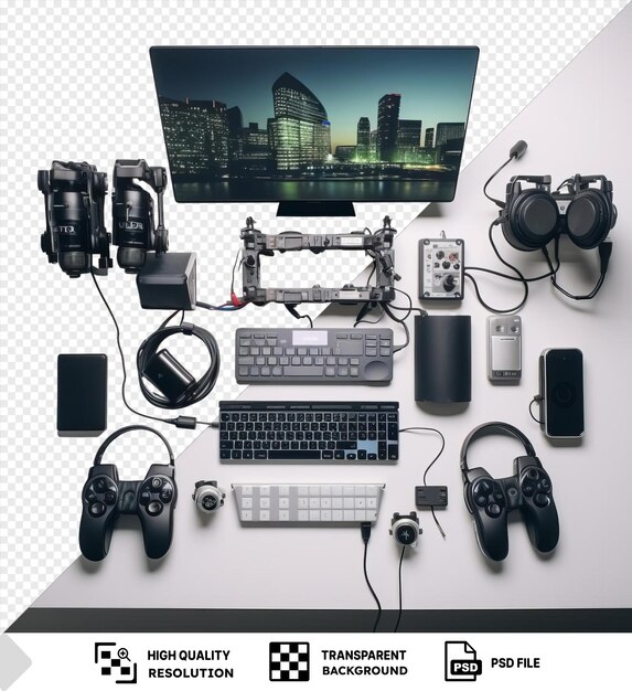 psd professional video game streaming setup set up on a transparent background with black headphones keyboard and mouse