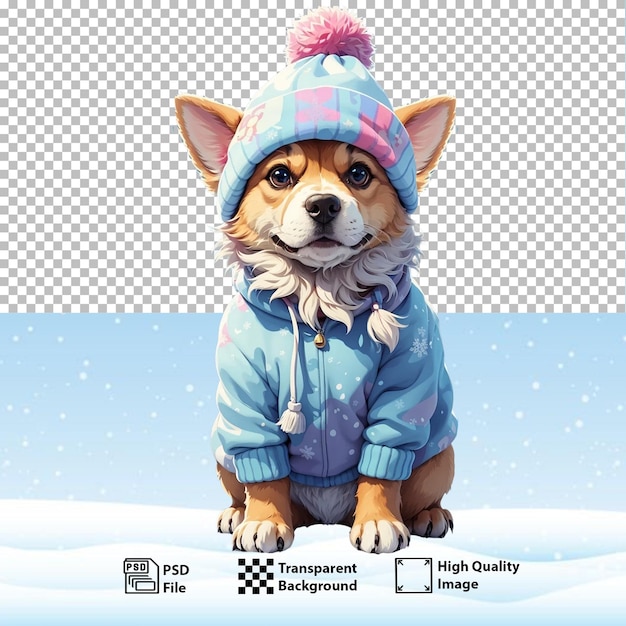 PSD 青いジャケットのスカーフと編み帽子を着たpsdの子犬がpngの背景で隔離されたgenerative ai