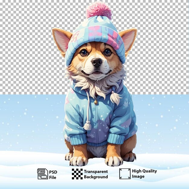 PSD psd puppie wearing blue jacket scarf and knitted hat isolated on png backgroundgenerative ai