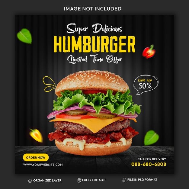PSD pyszne menu hamburgerów promocja instagram post lub kwadratowy baner internetowy szablon mediów społecznościowych