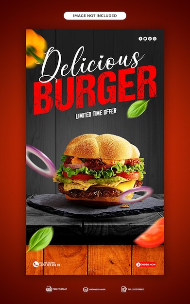 PSD psd pyszny burger i menu z jedzeniem instagram i projekt szablonu historii na facebooku
