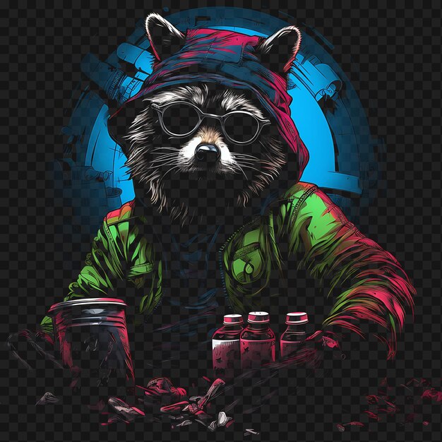Premium PSD Psd of raccoon urban explorer squiggly neon lines trash cans masked transparent