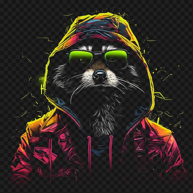 Psd di raccoon urban explorer squiggly neon lines lattini della spazzatura mascherati effetti di luminosità trasparenti puliti