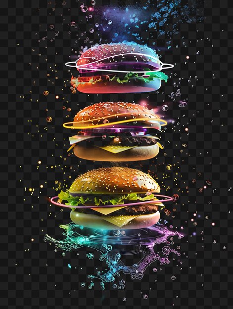 PSD psd of radiant fluorescent burger buns crumbling and disintegrating y2k glow neon outline design