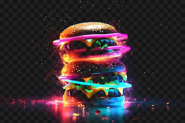 PSD psd of radiant fluorescent burgers spinning and rotating burger bun y2k glow neon outline design