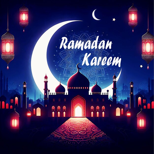 Psd ramadan background with crescent moon and mosque realistic