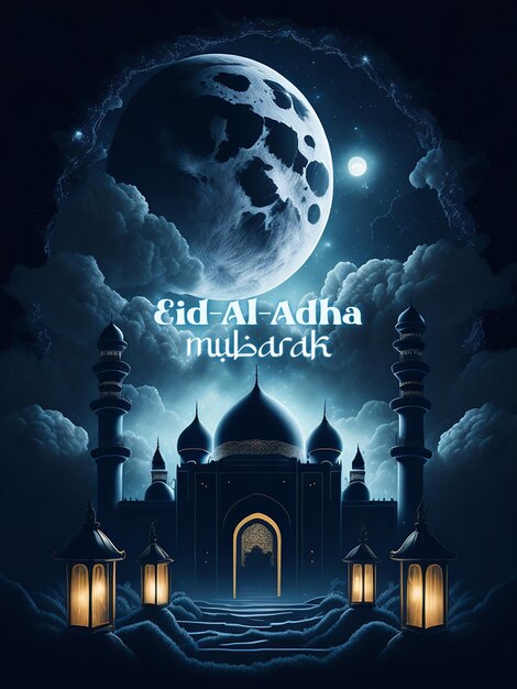PSD ramadan eid al adha poster with photo of beautiful lantern decoration