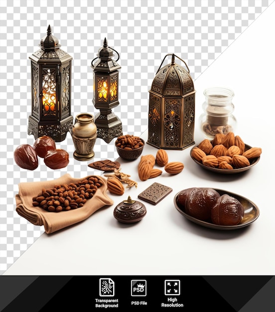 Psd ramadan item set a brown bowl filled with nuts and a small candle on a transparent background