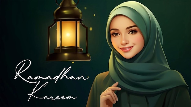 PSD Ramadan Kareem Plakat szablon z piękną arabską kobietą trzymającą złotą latarnię.