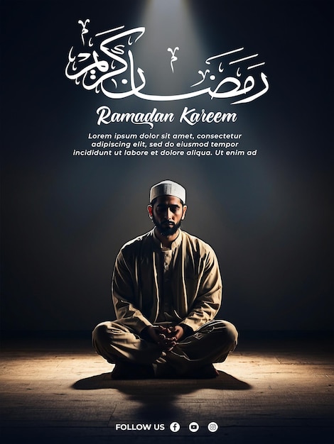 Psd un modello di poster di ramadan kareem con un musulmano che prega